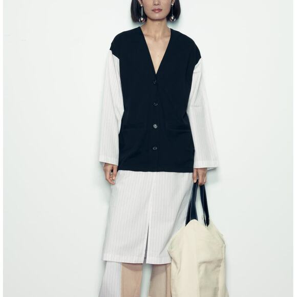 Zara Mixed Poplin Pinstripe Jacket / Long Tunic Shirt in Striped Black/White - Picture 1 of 13